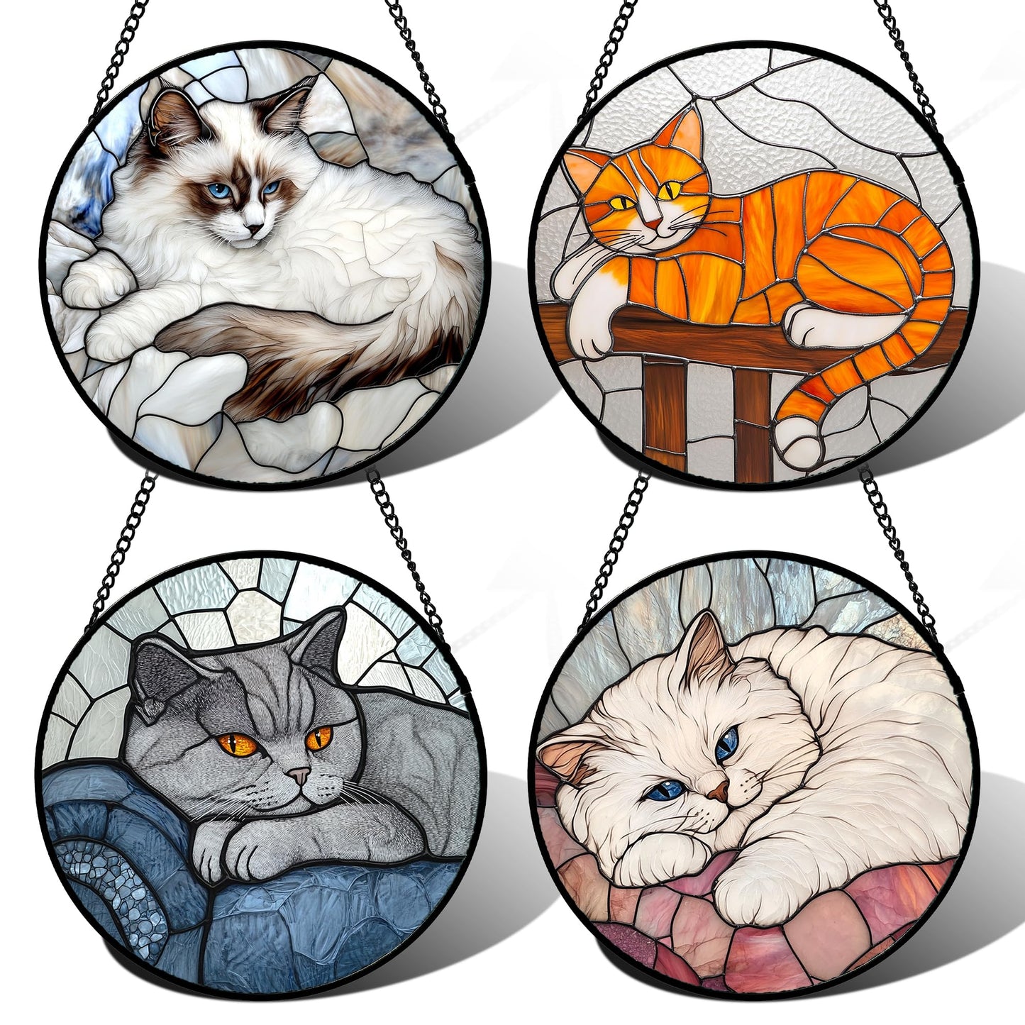 AMDERVEN Stained Glass Window Hanging 4 Pcs Set Cute Cat 6.3" - Suncatcher Door Garden Sun Catcher Decor Birthday Mother's Day Christmas Comfort Gifts for Lost Pet Woman Nana Mom Men Friend