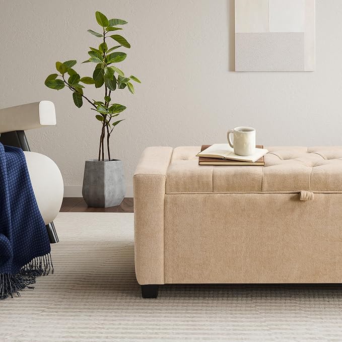 GRAINELL Storage Ottoman Bench, Upholstered Tufted Bedroom Bench with Storage, End of Bed Storage Bench for Living Room & Entryway, 350 lb Capacity, Linen flaxen