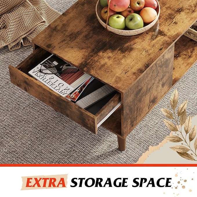 WLIVE Coffee Table, 39.4" Wood Coffee Table with Sliding Top up to 50" TV, Modern Center Table with Open Storage Shelf for Living Room, Bedroom, Rustic Brown
