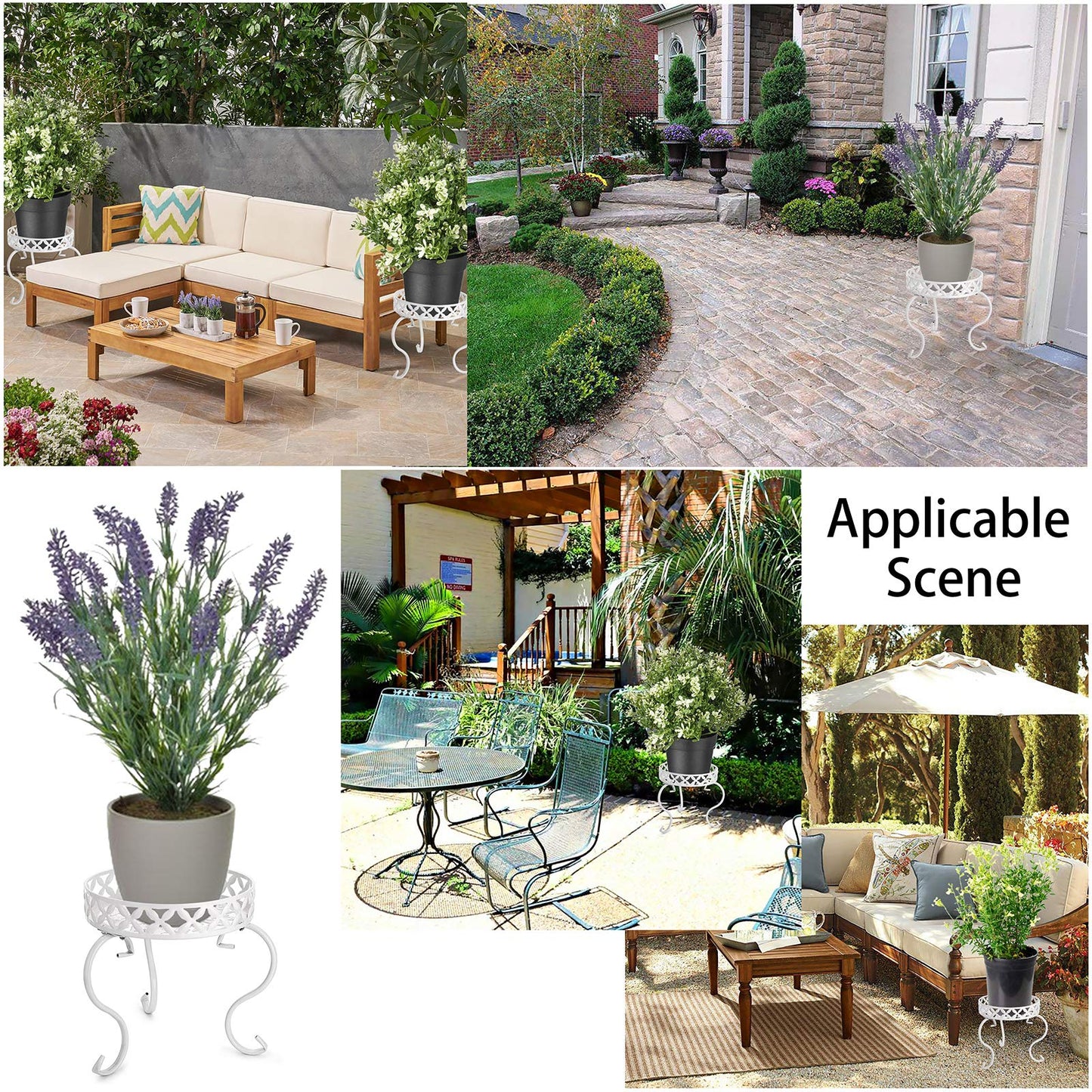 OwnMy Set of 2 Metal Round Plant Stand Rustproof Iron Flower Pot Holder, Modern Plant Display Potted Rack, Indoor Outdoor Plant Stand Heavy Duty Plant Holder for Home, Garden, Plant Lovers (White)