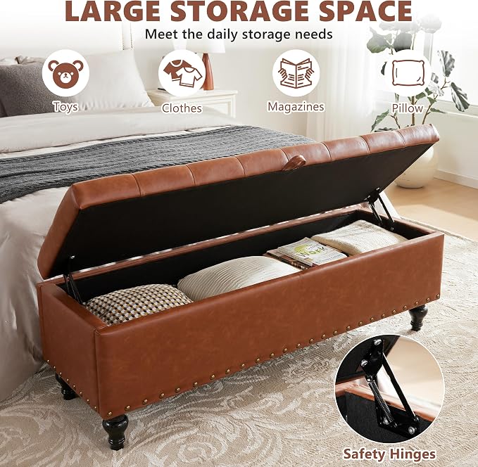 Mangodan 50" Storage Ottoman Bench, Tufted Ottoman with Storage for Living Room, Large End of Bed Ottomans, Modern Entryway Benchs, Window & Bedroom Benches for Foot of Bed (Brown)