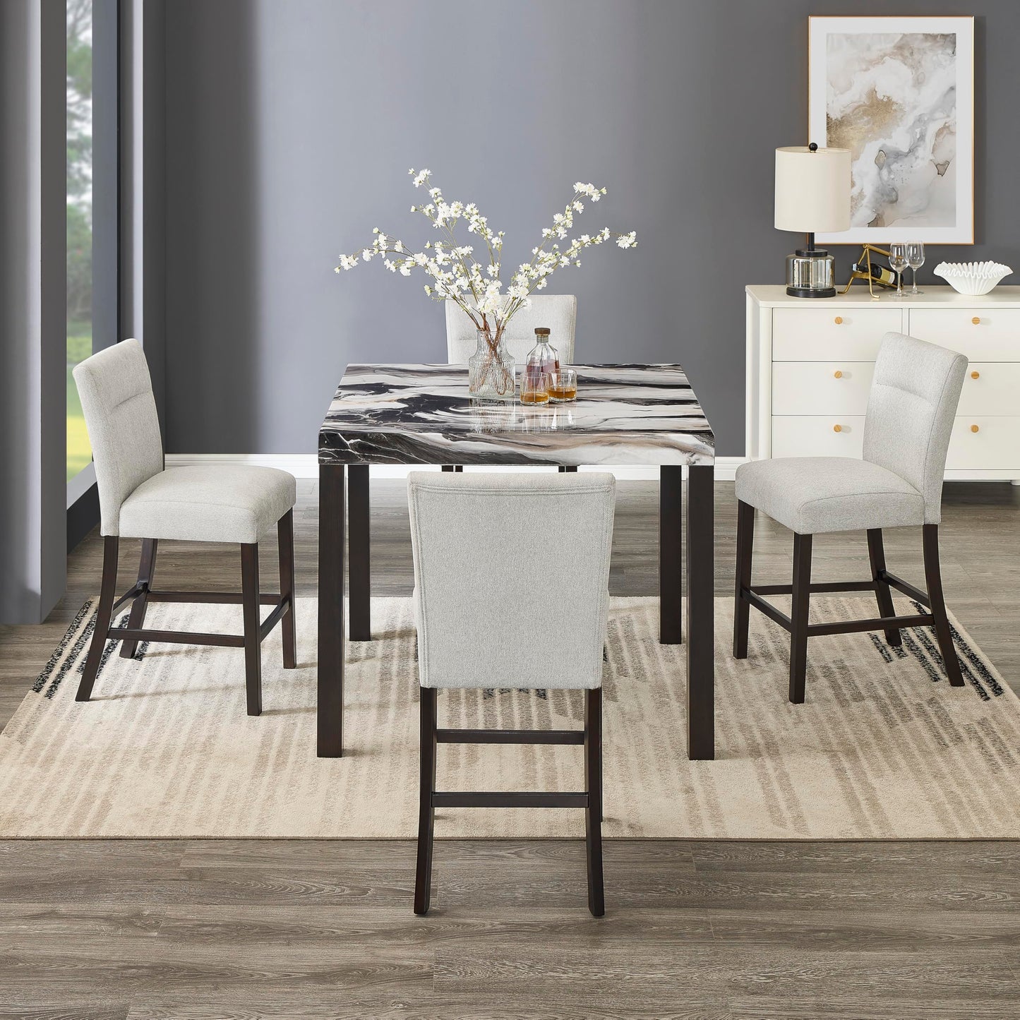 Roundhill Furniture Cavira Modern Faux Marble Counter Height Dining Table with 4 Stools