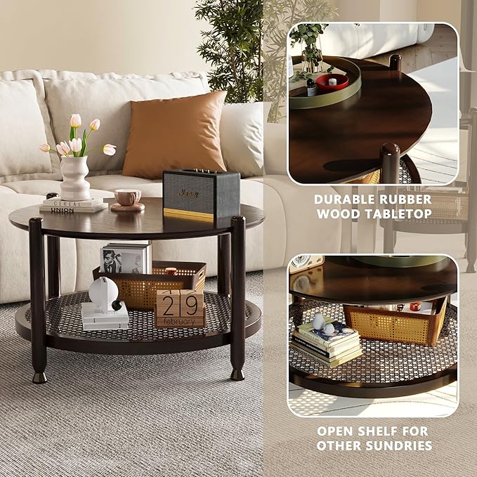 NSdirect 32" Round Coffee Table for Living Room, 2-Tier Solid Wood Center Table for Home Decor with Boho Woven Rattan Storage Shelf | Modern Farmhouse Design, Easy Assembly, Black Brown