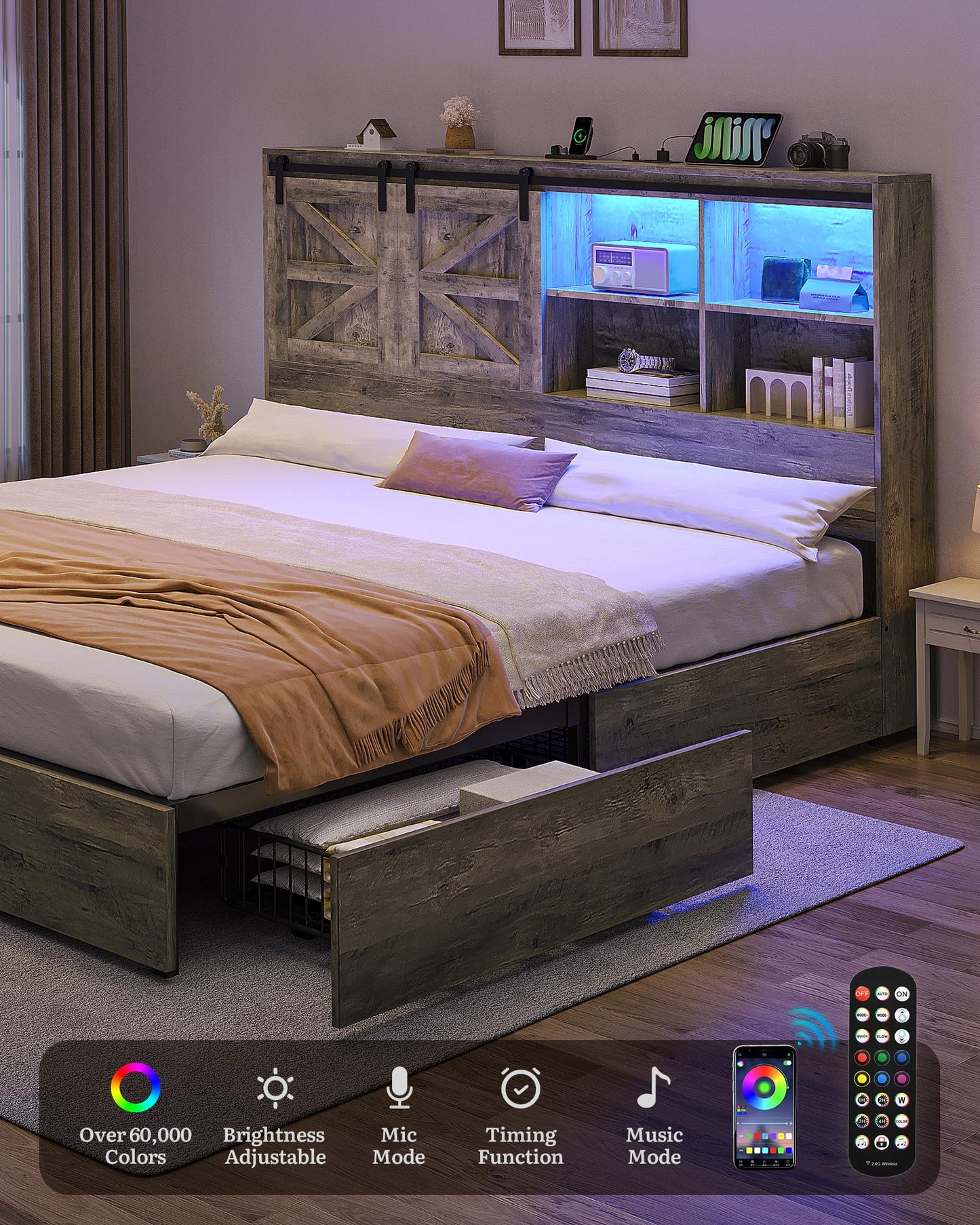 DWVO Farmhouse King Size Bed Frame with Storage Bookcase Headboard, Sliding Barn Door, 4 Storage Drawers, RGB LED Bed Frame with USB Charging Station, No Box Spring Needed, Cement Grey