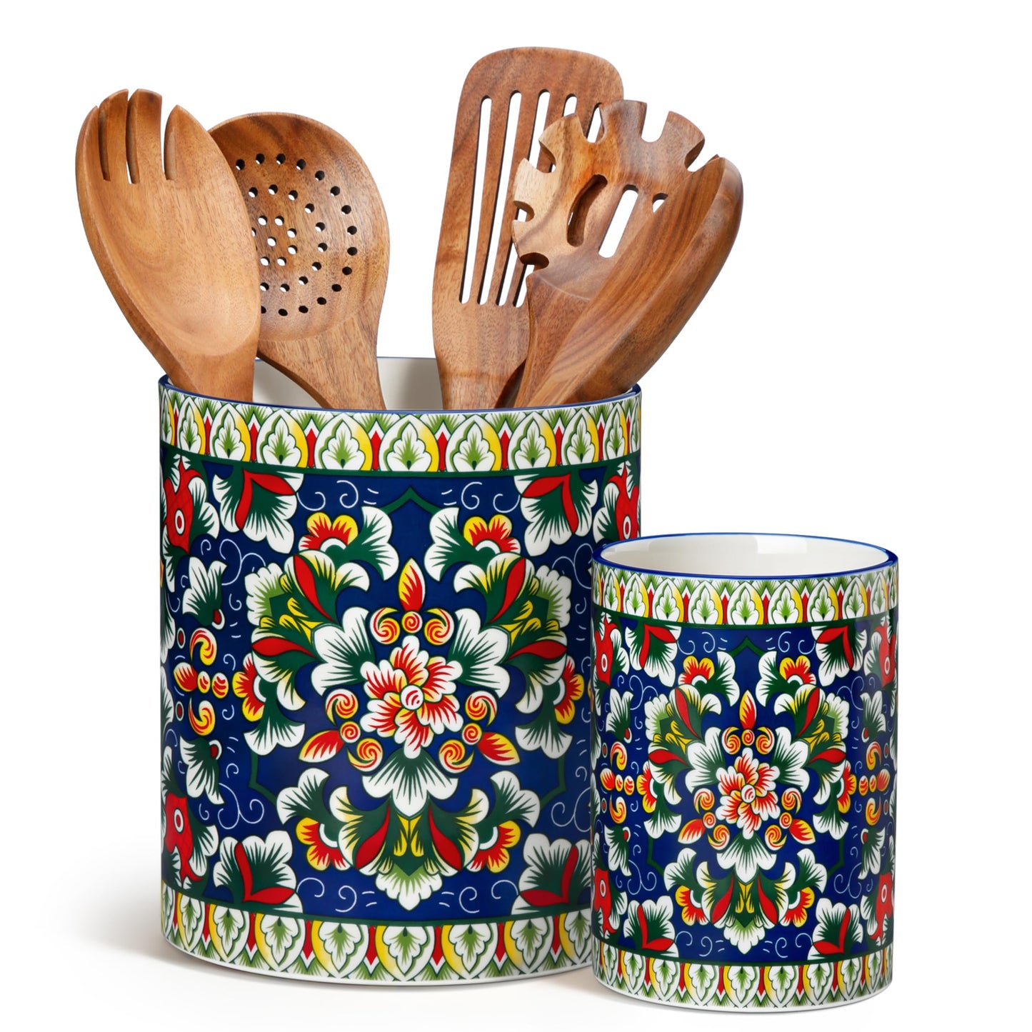 vancasso SIMI Utensil Holder, 7.3"+5.5" Porcelain Kitchen Utensil Holder for Countertop, Bohemian Kitchen Utensil Organizer for Spatulas, Spoons, Decorative Counter Utensil Crock, Verdant Jewel