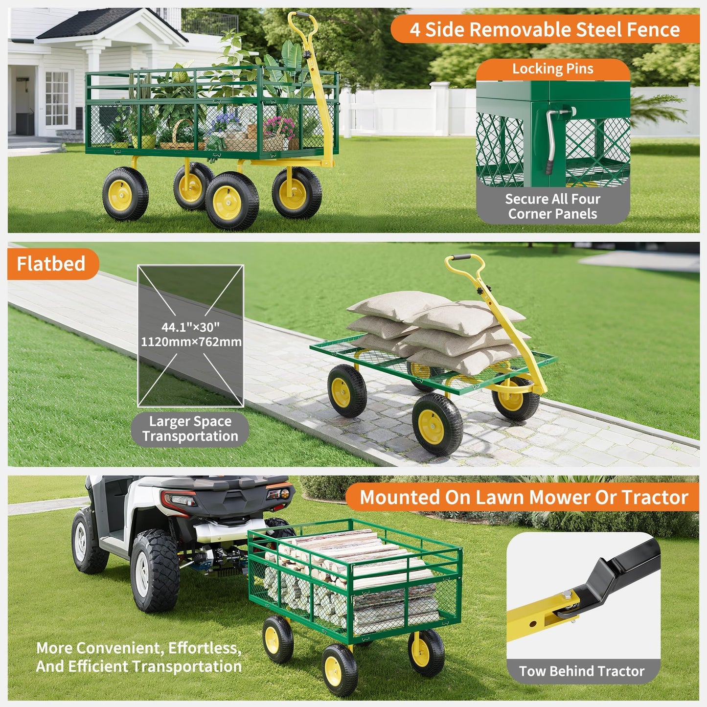 1400 Lbs Load Capacity Garden Cart, Metal Multi-Function Heavy-Duty Steel Garden Wagon, 3-in-1 Cart with 13 Inch All-Terrain Tires and Removable Mesh Side Panels, 180° Rotating Handle, Outdoor Gardens