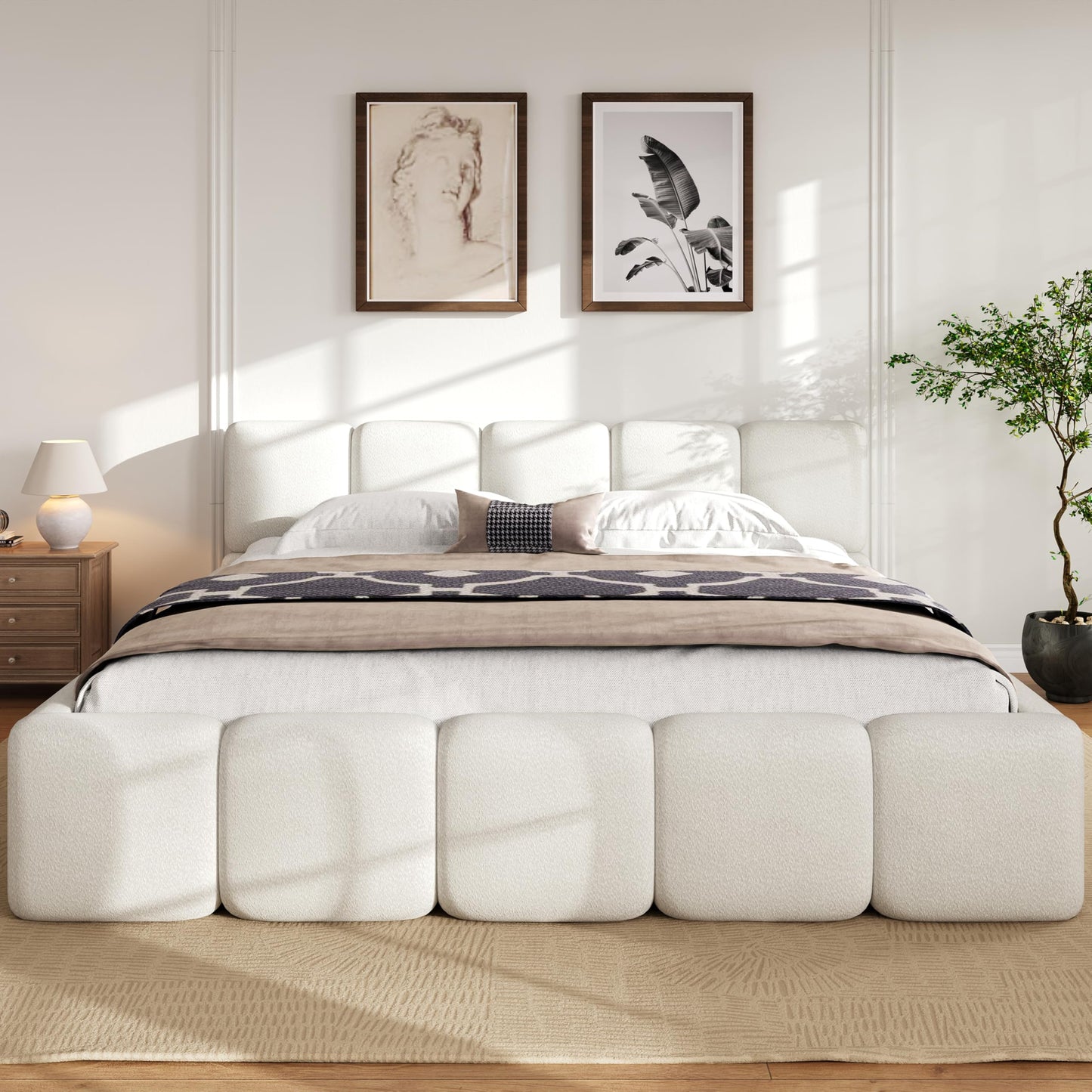 Merax King Size Boucle Platform Bed with Thick Headboard and Footboard, Block Style Upholstery Floor Bed Frame, White