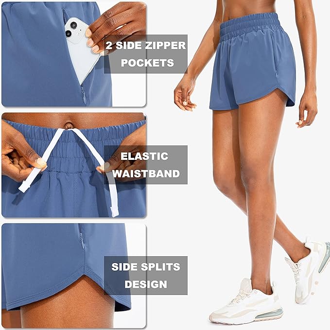 SANTINY Women's Running Shorts with Zip Pockets High Waisted Athletic Workout Gym Shorts for Women with Liner