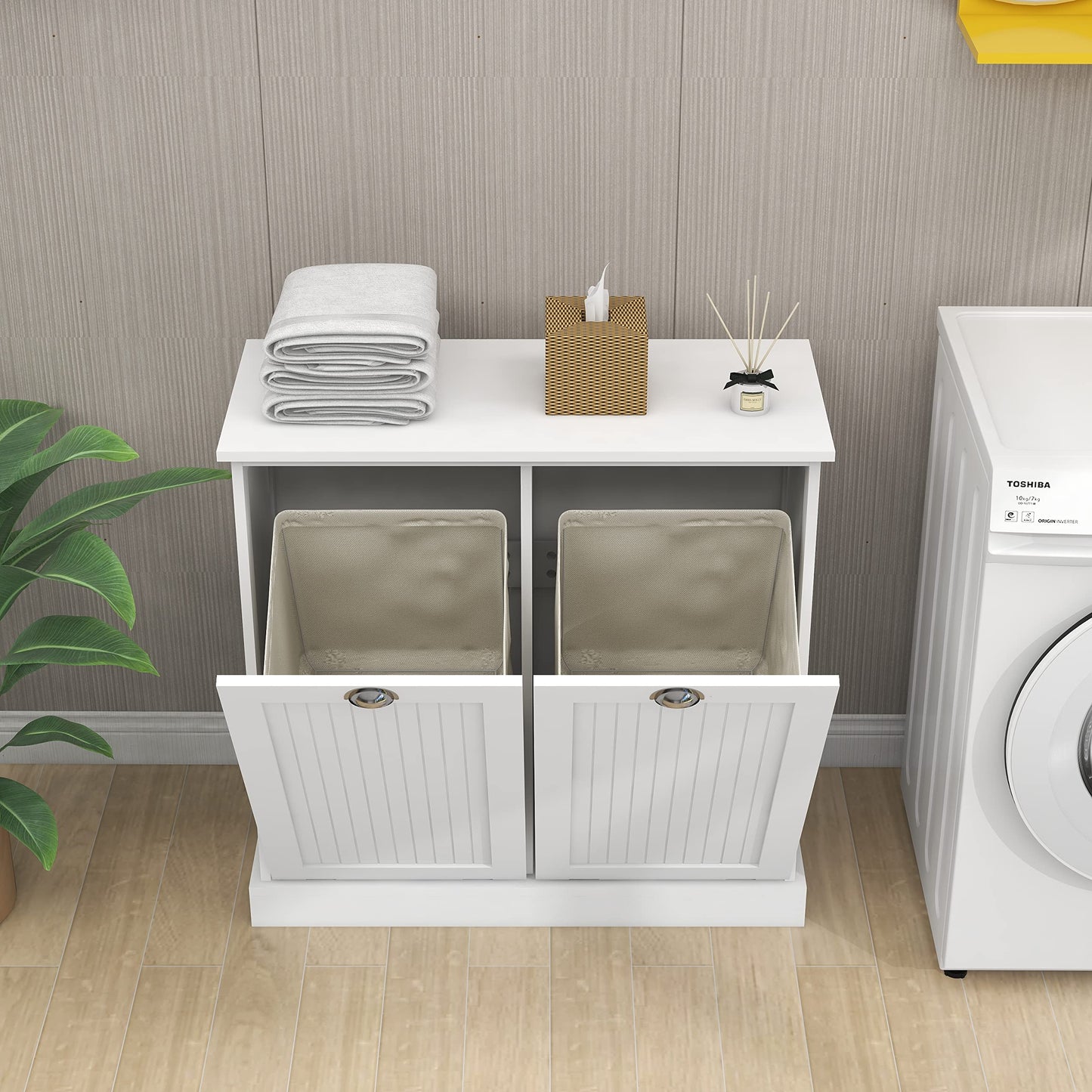 Gecheer Two-Compartment Tilt-Out Laundry Sorter Cabinet - Organized and Easy to Clean Modern Bathroom Storage Cabinet, Bathroom Shelf, Freestanding Cupboard for Living Room LYKW112049950