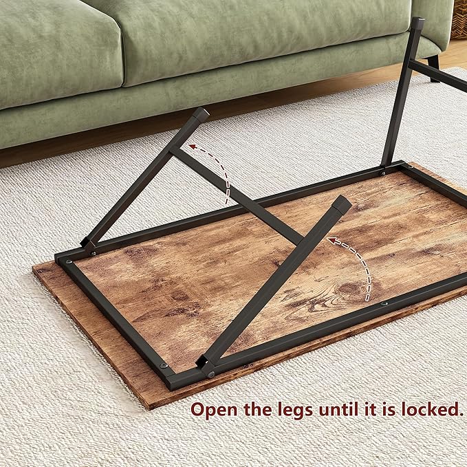 Black Coffee Table Foldable,Simple Modern Rectangular Center Table, Industrial Wood Tabletop and Metal Frame, Low Coffee Table for Home Office, Living Room,No Assembly,Rustic Brown