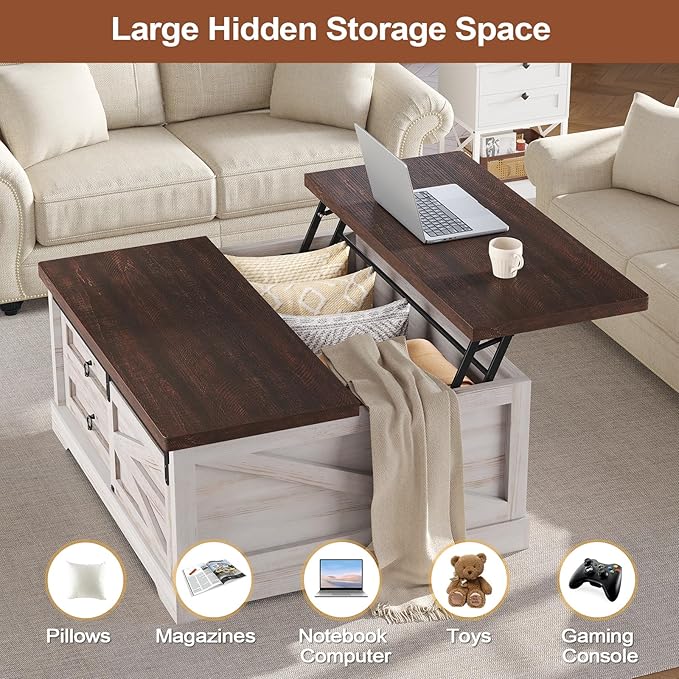 Itaar 39.4'' Lift Top Coffee Table with Storage, Farmhouse Coffee Tables for Living Room, Square Coffee Table with Large Hidden Compartment & 2 Drawers & Adjustable Shelves, Vintage White+Walnut