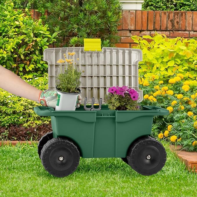 Rolling Garden Cart with Seat - Plastic Storage with Bench and Interior Tool Tray - Gardening Stool for Weeding and Planting By Pure Garden (Green)