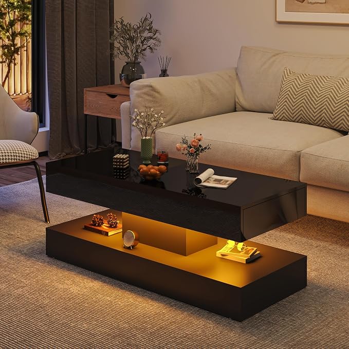 Uspeedy 47.3in Large High Glossy LED Coffee Table with 2 Storage Drawers,Black/White Modern Coffee Tables for Living Room,Living Room Tables,APP LED Lights (Black)