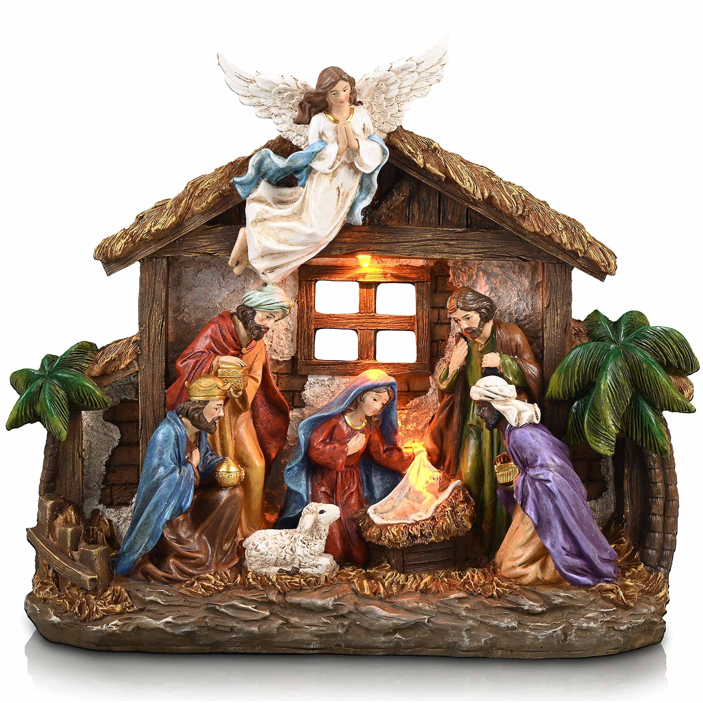 Valery Madelyn Christmas Nativity Figurines with LED Lights, Red Gold Holy Family Nativity Scenes Set Resin Manger for Xmas Indoor Home Table Fireplace Holiday Decorations, 10.6 Inch Tall