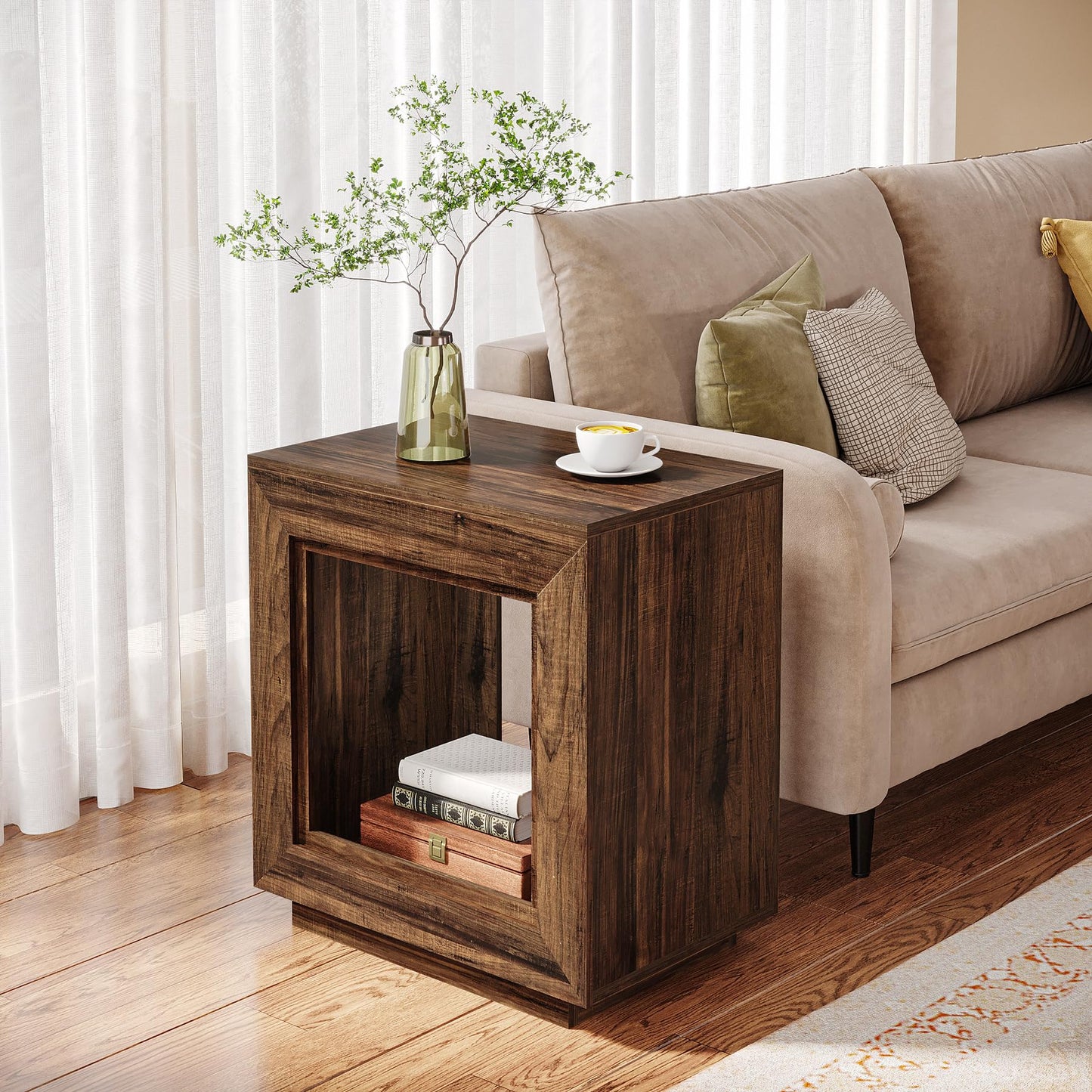 Tribesigns Rustic Wood End Table, 2 Tiered Square Side Table with Storage Shelf, Industrial Sofa Side Table for Living Room, Entrance (Rustic Brown) (1)
