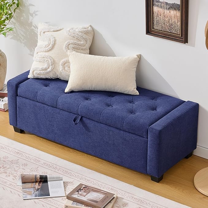 Huatean Home 48" Ottoman with Storage, Storage Ottoman Bench with Safety Hinge, Upholstered Entryway Bench with Seating for Bedroom, Living Room, Holds up to 330 lb, Blue