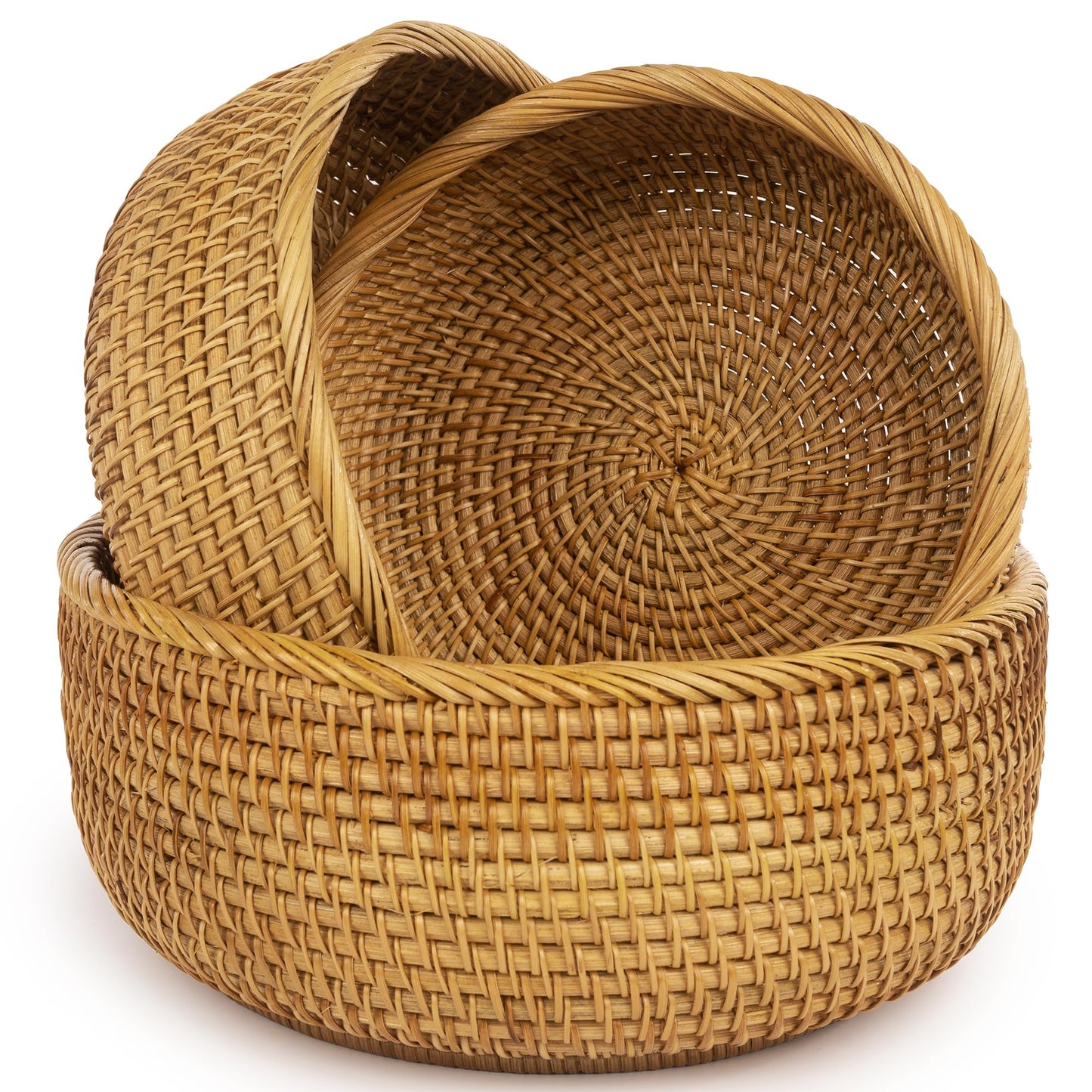 CLAYNIX Woven Fruit Basket For Holder Bowl Decorative Bread Vegetable, Serving Bowl Set of 3 For Organizing Kitchen Natural Rattan Picnic Basket Round Stackable (Natural)