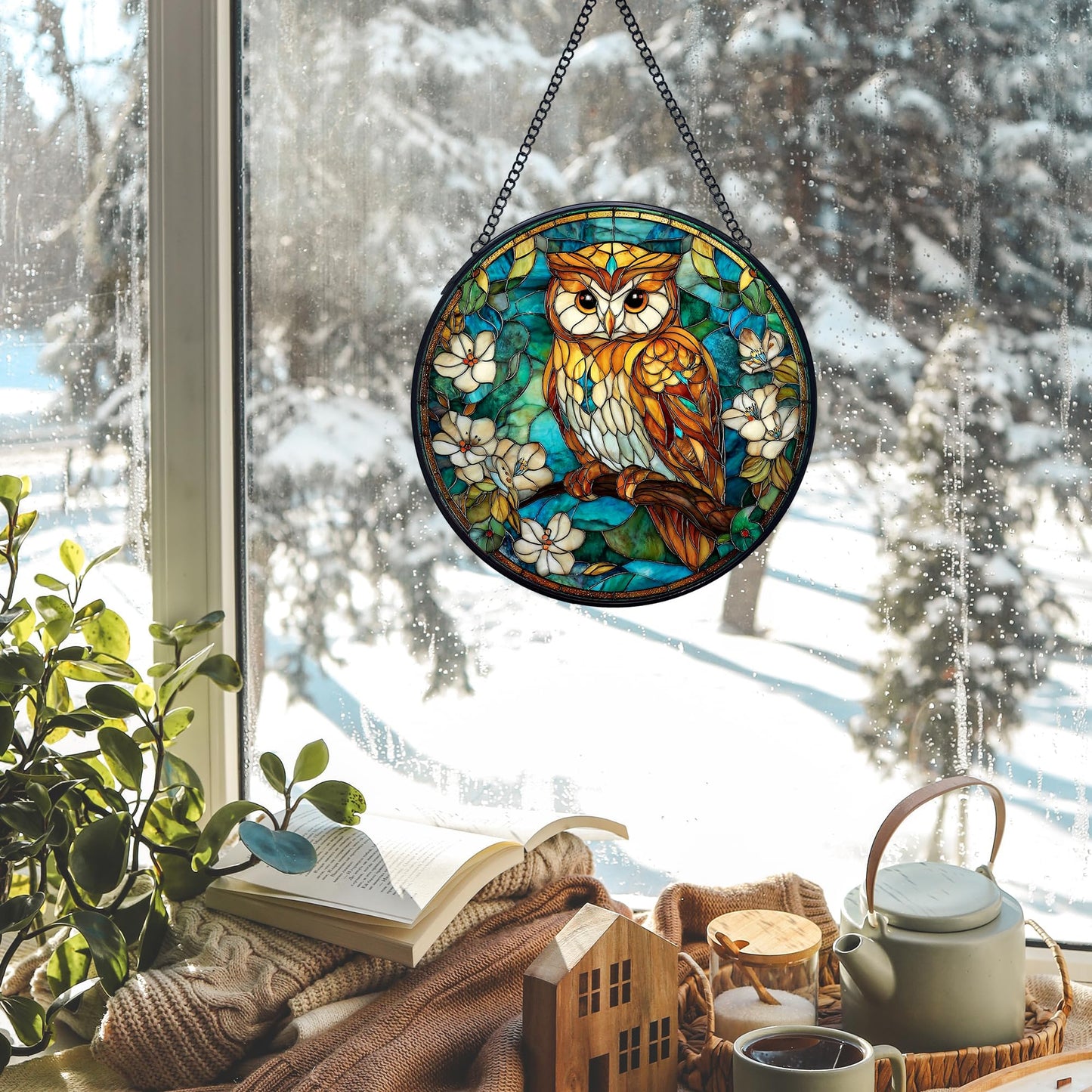 Yjeslw Owl Bird Stained Glass Window Hanging Suncatchers, Owl Flower Sun Catchers Indoor Window Glass Wall Art Decor, Bird Wall Hanging Decorations Sculptures, 7.9x7.9in