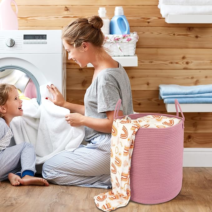 XUANGUO Cotton Rope Laundry Basket Hamper for Clothes Woven Storage Basket for Living Room Bedroom Boho Tall Rope Baskets for Blanket Toys Pillow Towels Baby Nursery Hamper Bin grape purple