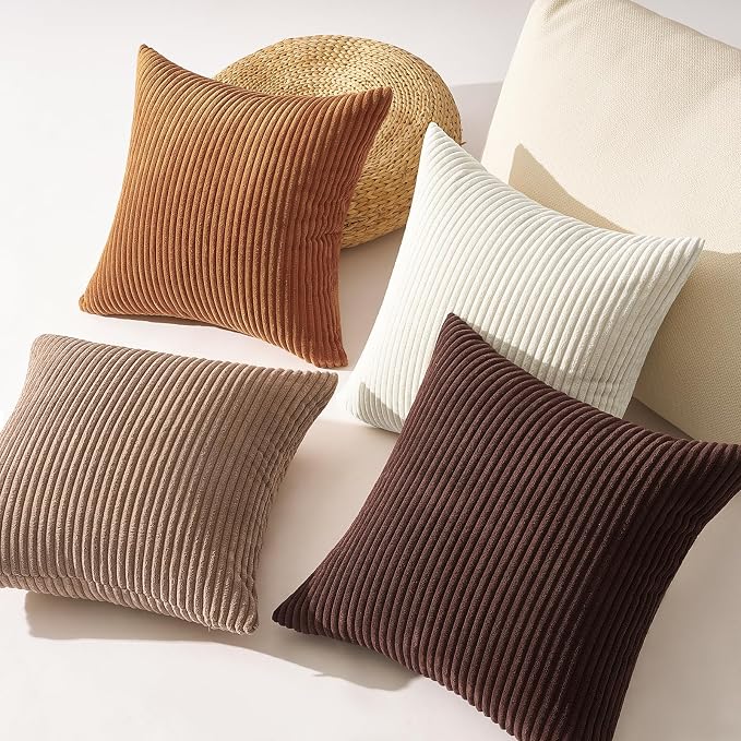 Topfinel 20 by 20 Pillow Covers Set of 4 Rustic Modern Soft Corduroy Striped Decorative Cushion Cover Gold Brown Gradient Farmhouse Pillow Case for Sofa Couch Living Room Bedroom