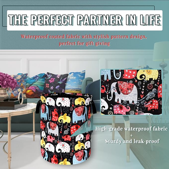 Colorful Elephant Laundry Basket Foldable With Handles Boho Animal Tote Bag Oxford Cloth Funny Laundry Hamper Clothes Storage Bucket Toy Organizer 18.9"x16.5" For Bathroom/Laundry/Bedroom