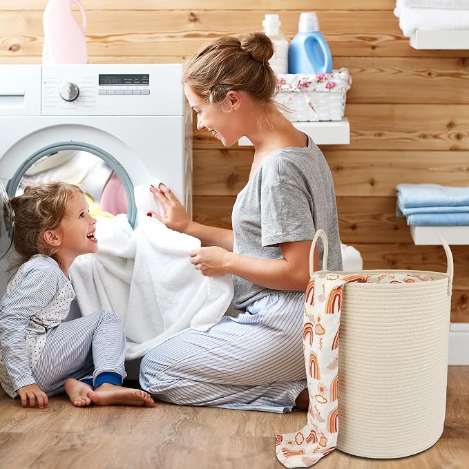 XUANGUO Cotton Rope Laundry Basket Hamper for Clothes Woven Storage Basket for Living Room Bedroom Boho Tall Rope Baskets for Blanket Toys Pillow Towels Baby Nursery Hamper Bin beige