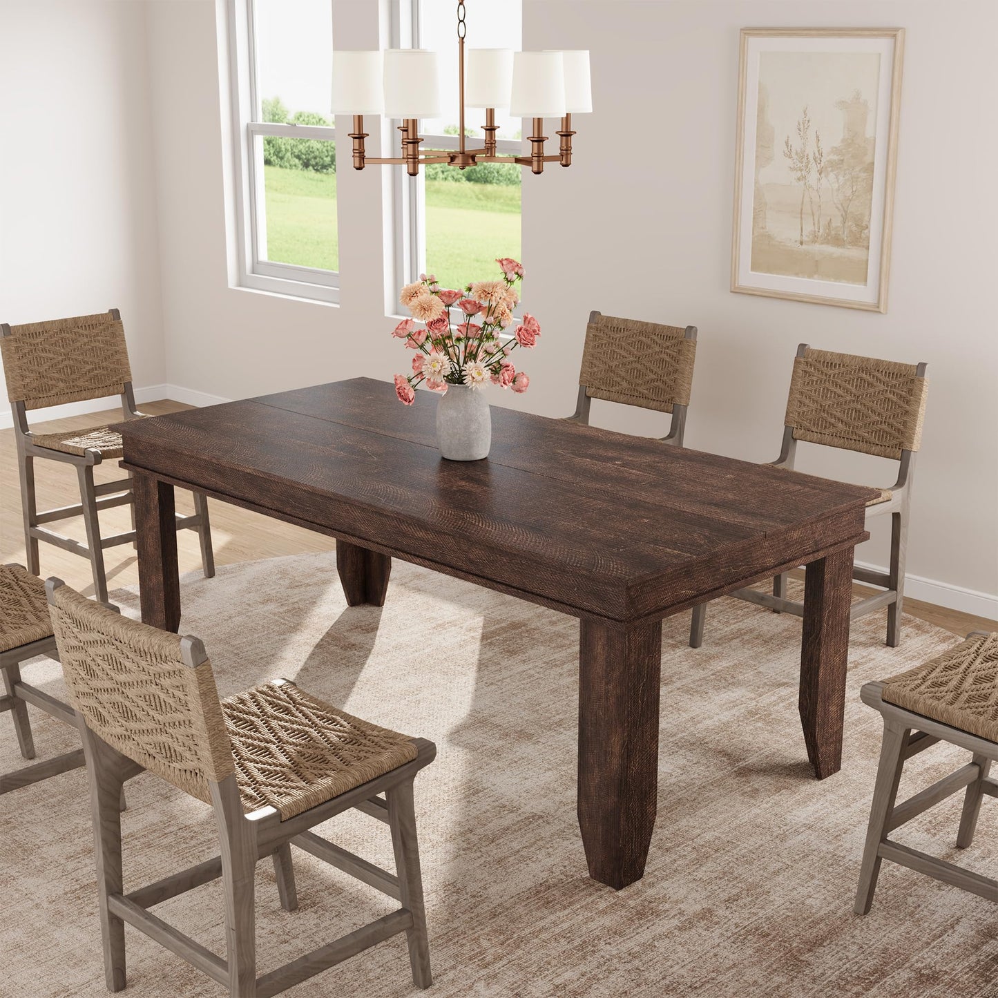 GarveeHome Farmhouse Dining Table for 6-8 People, 71 in Long Kitchen Tables with Wooden Sturdy Frame, 6 ft Large Rectangular Dinner Table for Dining Room, Kitchen, Dark Walnut, 71" Non-extendable