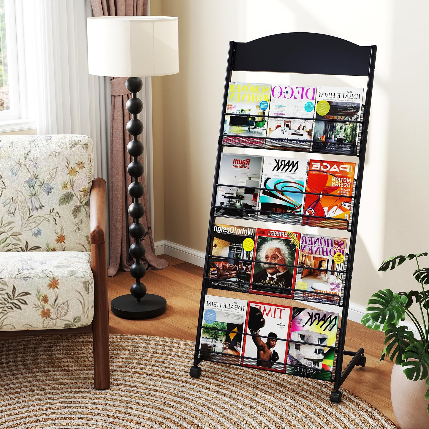 Qriocioa Brochure Display Stand 4 Layer Floor-Standing Magazine Rack Literature Newspaper Catalog Display Holder with Wheels and Top Billboard for Exhibitions,School, Hotel, Hospitals, Offices (Black)