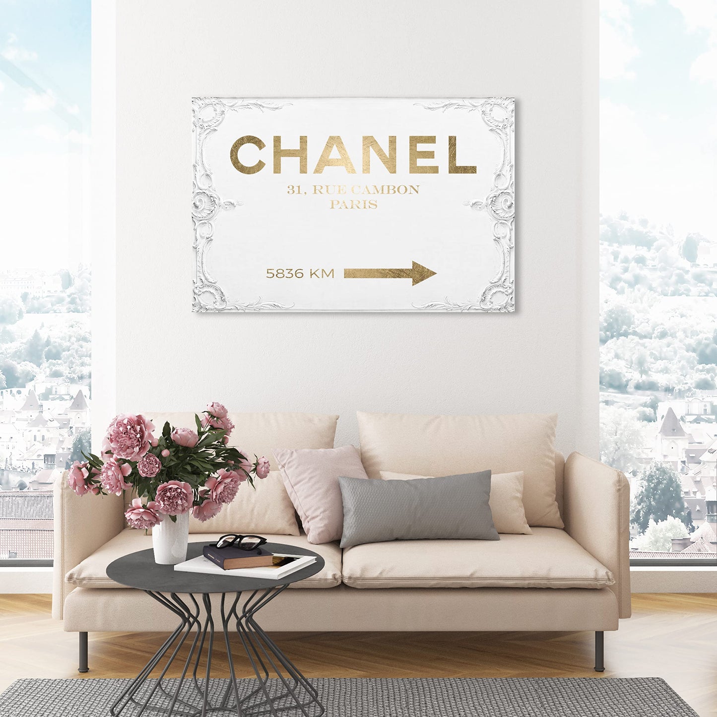 The Oliver Gal Artist Co. Typography and Quotes Contemporary Canvas Art - Couture Road Sign Rococo Gold, Wall Art for Living Room, Bedroom, and Bathroom, 45 in x 30, White and Gold Home Decor