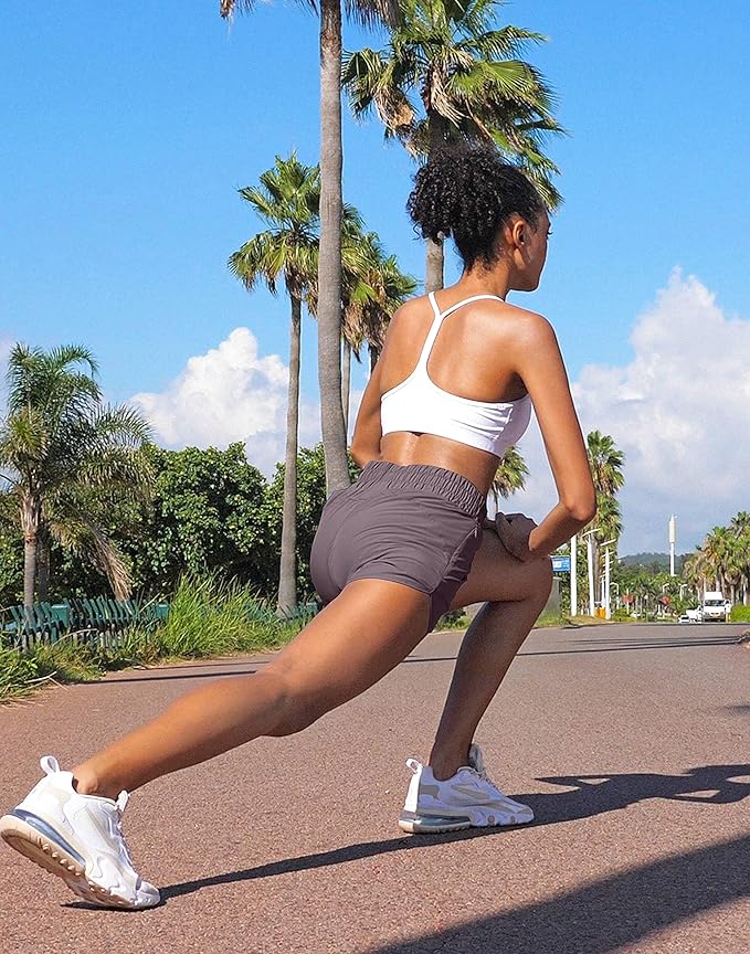 SANTINY Women's Running Shorts with Zip Pockets High Waisted Athletic Workout Gym Shorts for Women with Liner