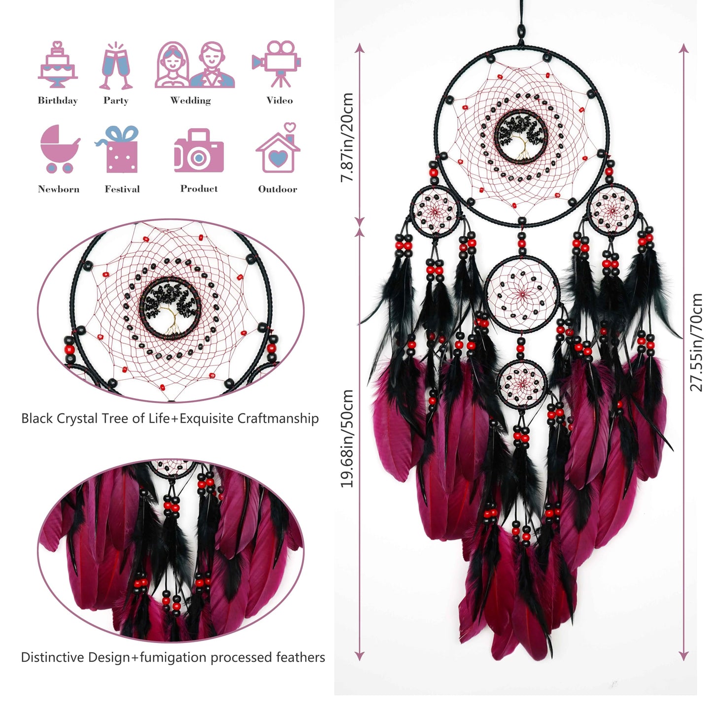 MEIZHIANDME Large Dream Catchers, Boho Handmade Native Macrame Dream Catchers Wall Hanging for Bedroom Living Room Dorm Room Decor, Adults Wedding Party Decor, Festival Blessing Gift (Red & Black)