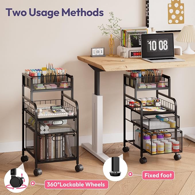 SWTYMIKI Rolling Cart with Drawers - Metal Craft Cart with Wheels, DIY Divider and Wood Shelf, Art Supply Organizer for Under Desk Storage, Utility Storage Cart for Home Office Studio, Black