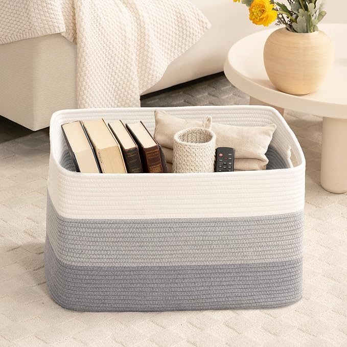 60L Laundry Basket with Leather Handles for Living Room Storage, Woven Rope Baskets Bin for Blanket, Kids Toy, Gifts, Wicker Hamper for Bedroom Dirty Clothes, Gradient Grey