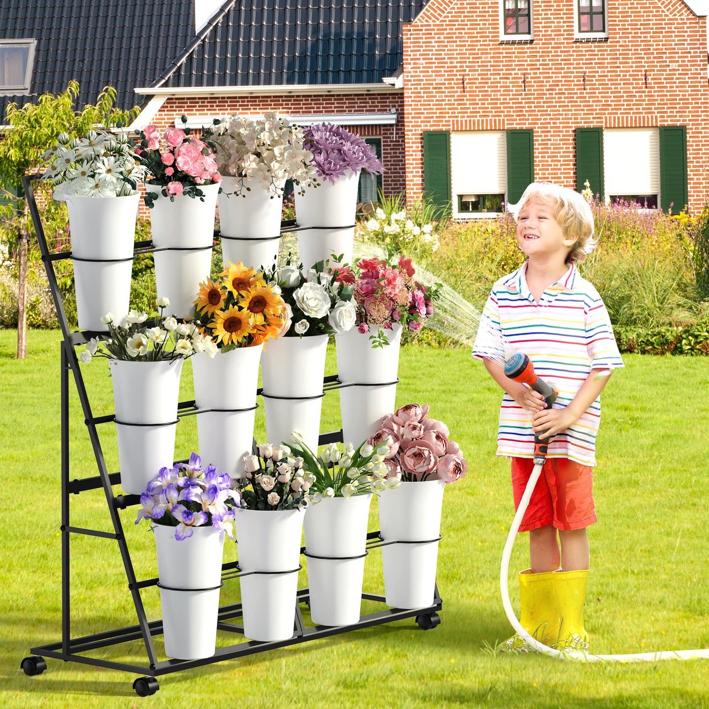 Invech Flower Display Stand with 12 Buckets and Wheels, 3 Tier Flower Cart Display Stand for Indoor Outdoor Garden, Wedding, Flower Shop (White)