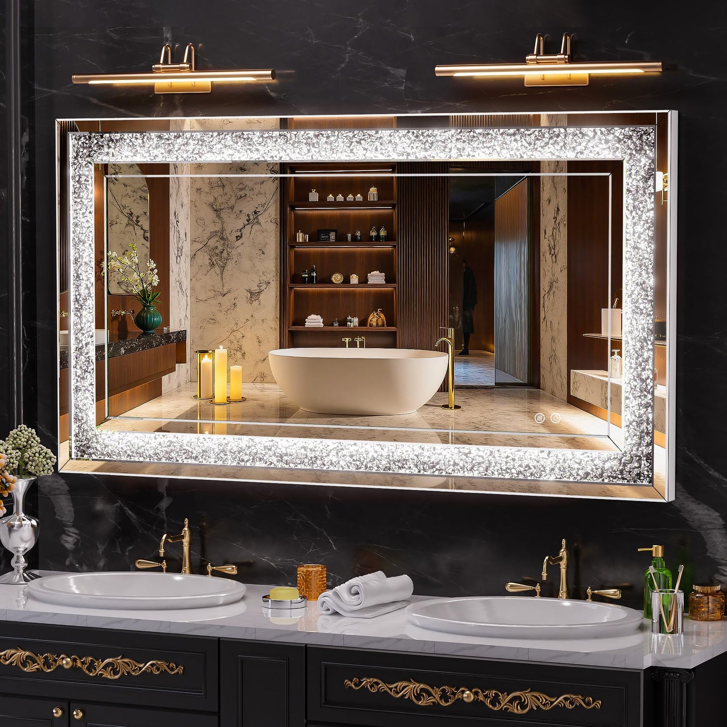 WINNICE 47" x 26" LED Diamond Wall Mirror with Dimming & Anti-Fog, Large Crystal Decorative Mirror for Bathroom, Bedroom, Living Room, Vertical or Horizontal Wall Mount