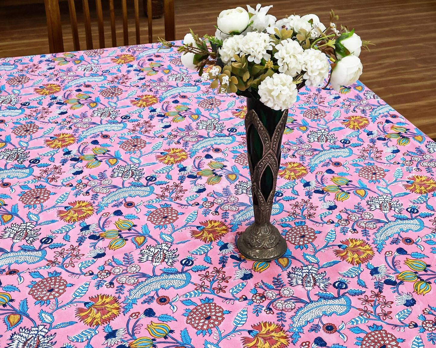 60x60 Inches Square Hand Block Printed Cotton Tablecloth, Pink Blue Floral Table Cloths Washable, Indian Table Linen for Valentine Thanksgiving Gifts Home Decor Dinning Outdoor