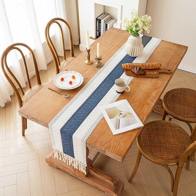 FEXIA Boho Blue Table Runner 60 Inches Long with Tassels Macrame Farmhouse Summer Style Graduation Party Rustic Wedding Baby Shower Dining Kitchen Living Room Decor (12x60 Inches)