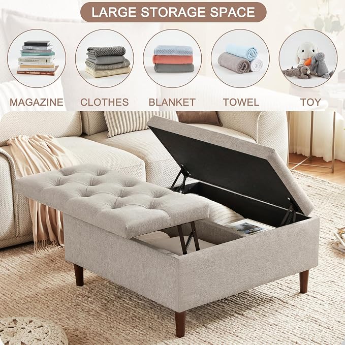 Weture 35 Inch Extra Large Storage Ottoman Coffee Table, No Assembly Required, Oversized Square Ottoman with Storage, Tufted Upholstered Ottomans Coffee Table for Living Room (Fabric, Light Grey)