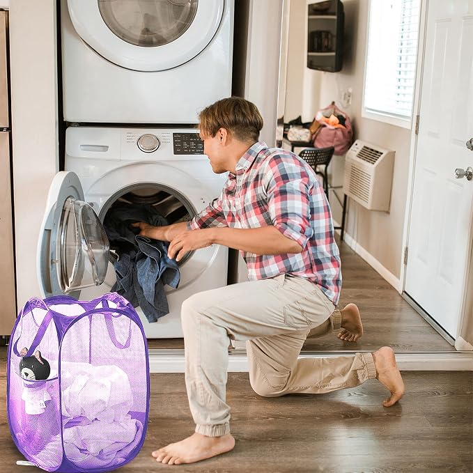 Collapsible Pop Up Laundry Hamper, Extra Large Mesh Foldable Laundry Basket Bag, 28" x 16" x 16", 2 Pack (Black + Purple)
