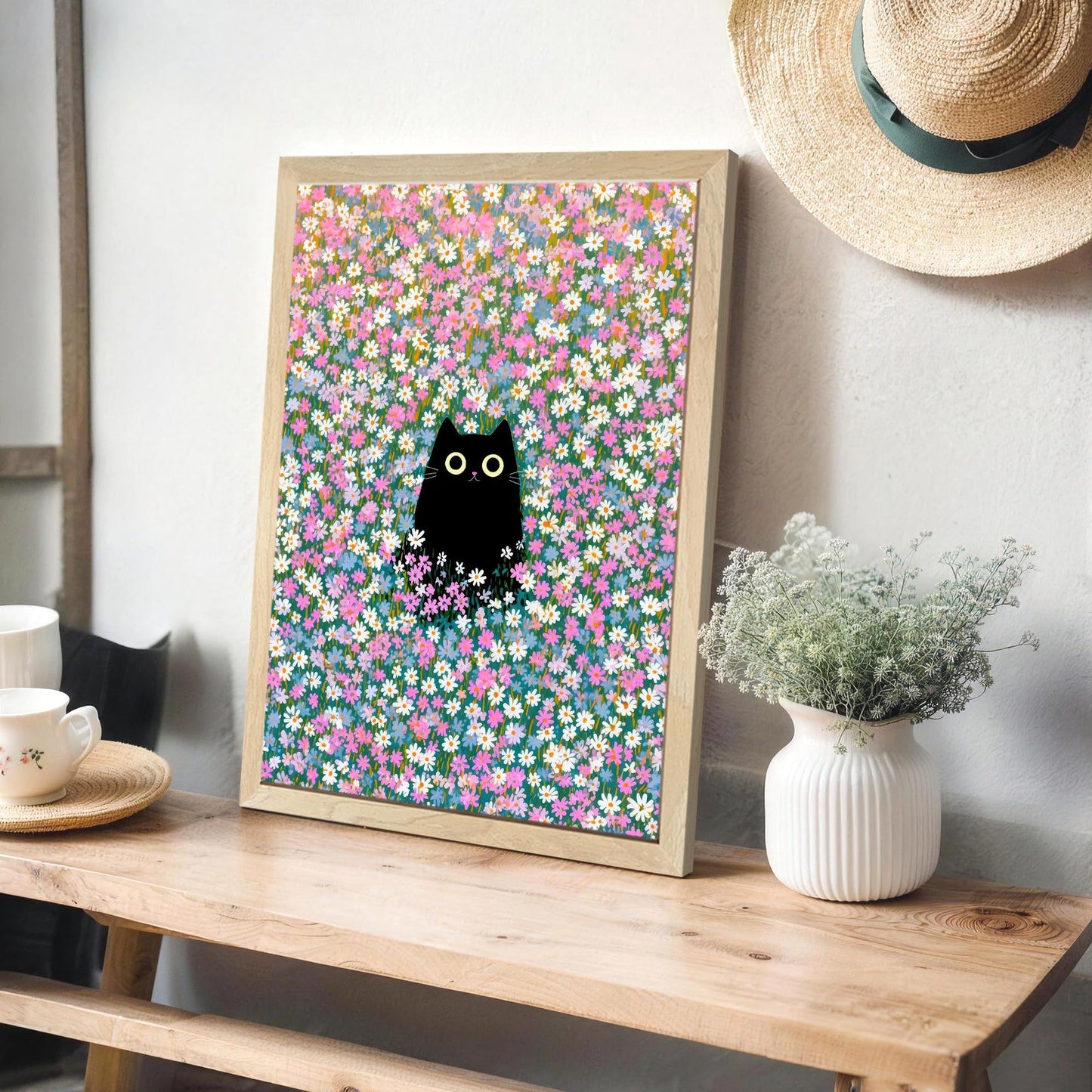 Apokiil Black Cat in Wildflower Field Wall Art - Cute Cat Floral Canvas Print, Poster for Bedroom Living Room Bathroom Wall Decor 24x 16In