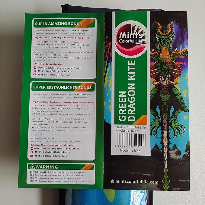 Mint's Colorful Life Dragon Kite for Kids & Adults, Easy to Fly Best Beach Kites for Beginners, 300ft Kite String Included