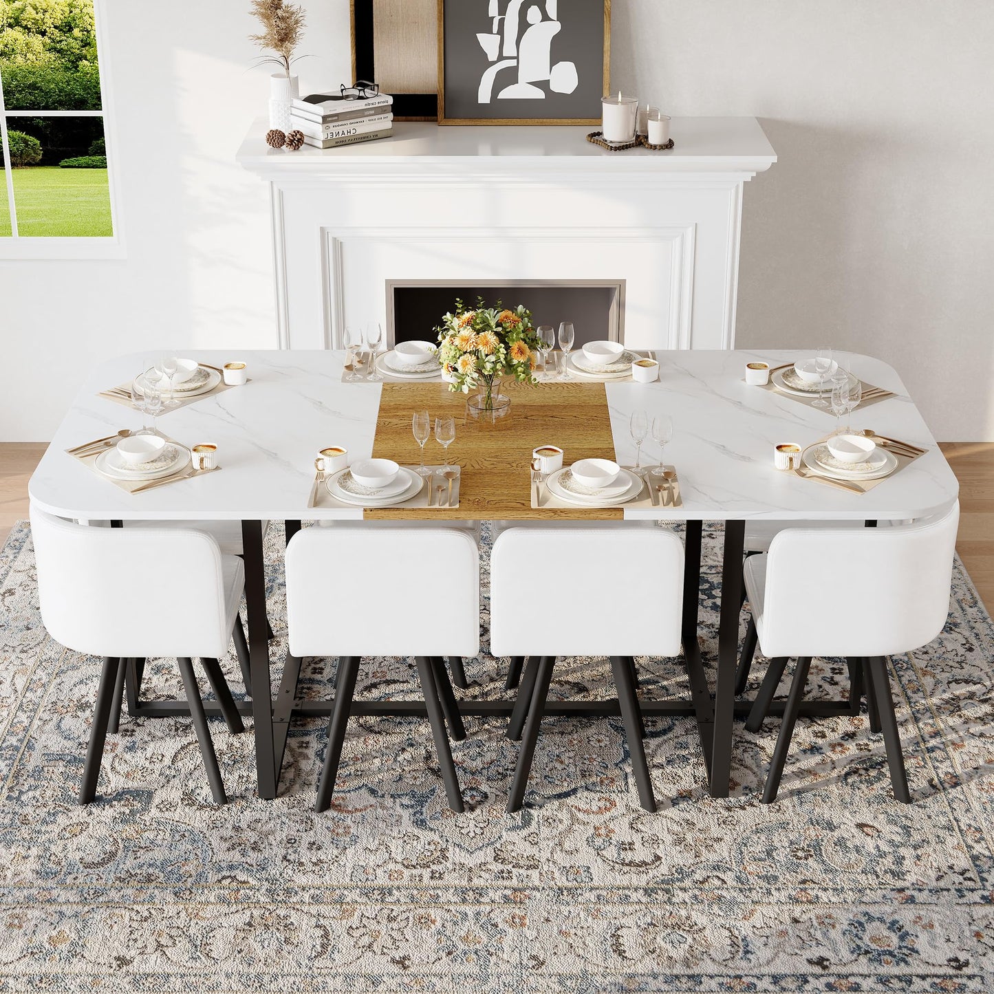 KEIKI 79" Dining Table Set for 8, Rectangular Kitchen Table Set with White Faux Marble & Wood Grain Top, Modern Dining Room Set with 8 White Faux Leather Chairs, Large Family Dining Table Furniture