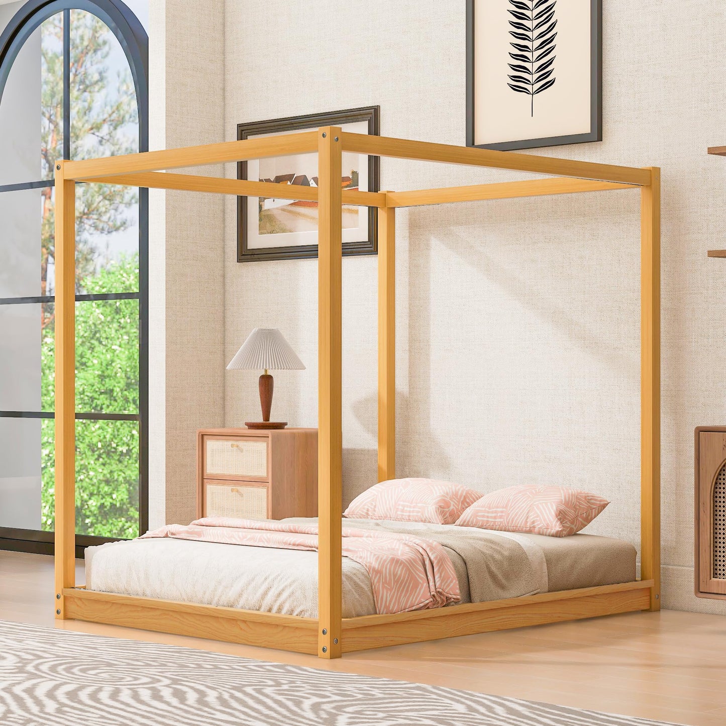 Queen Bed Frame with Canopy Legs, Wood Platform, Wooden Slats Support, No Box Spring Needed