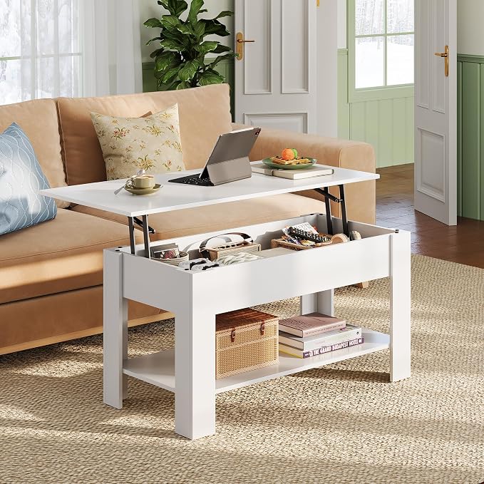 WLIVE Coffee Table, 39" Lift Top Coffee Table with Hidden Compartment, Storage Shelf and Lifting Top for Home Living Room, Office and Reception Room, White