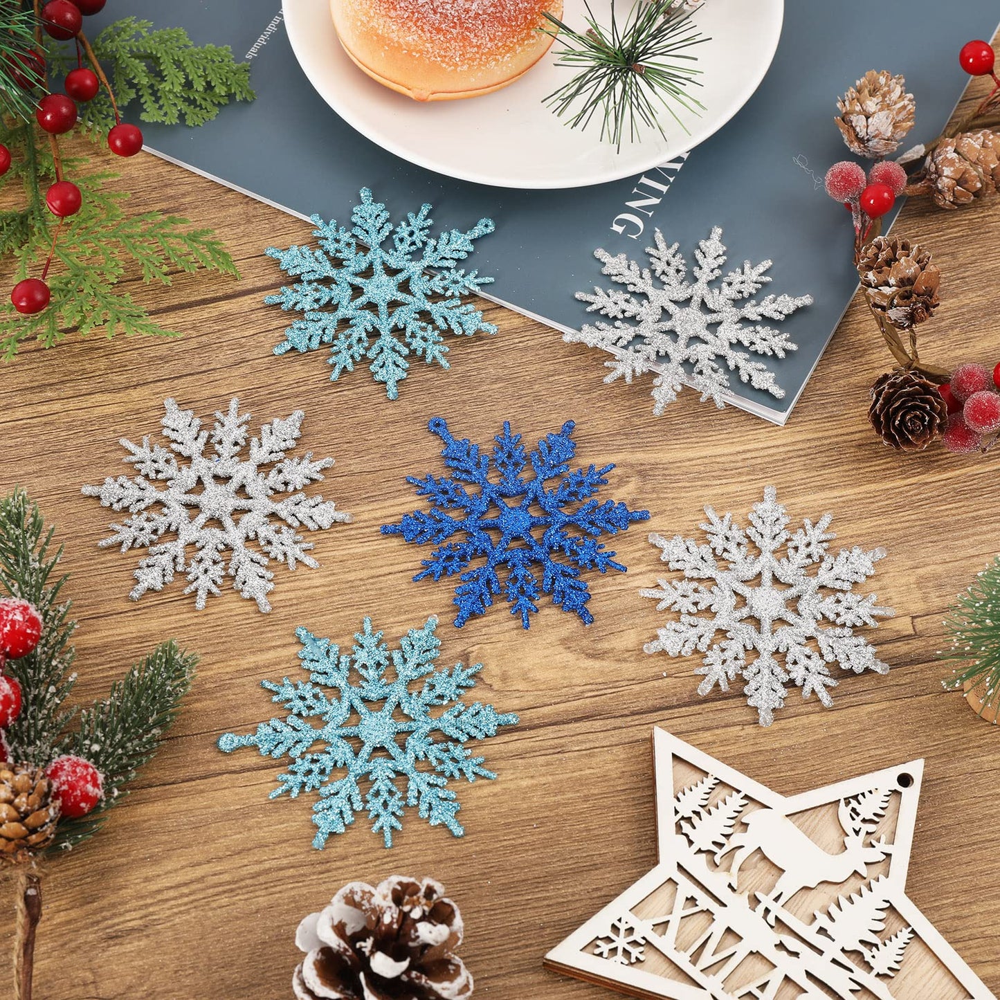 Whaline 45Pcs Winter Snowflake Hanging Ornament mas Glitter Blue Silver Pendant with String for Christmas Tree Winter Wonderland Holiday Party Decor