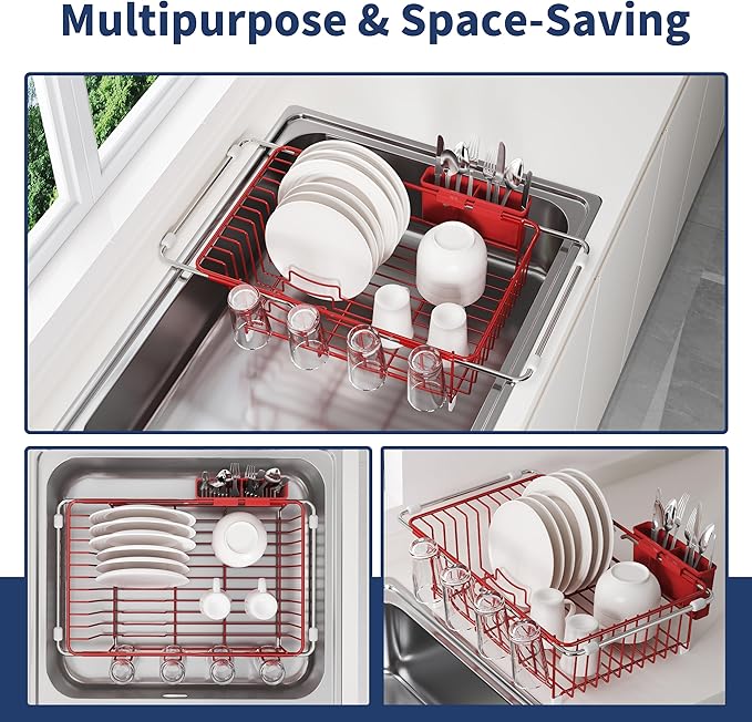 JASIWAY Red Dish Drying Rack in Sink, Expandable Stainless Steel Dish Drainers for Kitchen Counter, Dish Dryer Rack for Inside Sink, Over The Sink Dish Racks with Utensil Holder