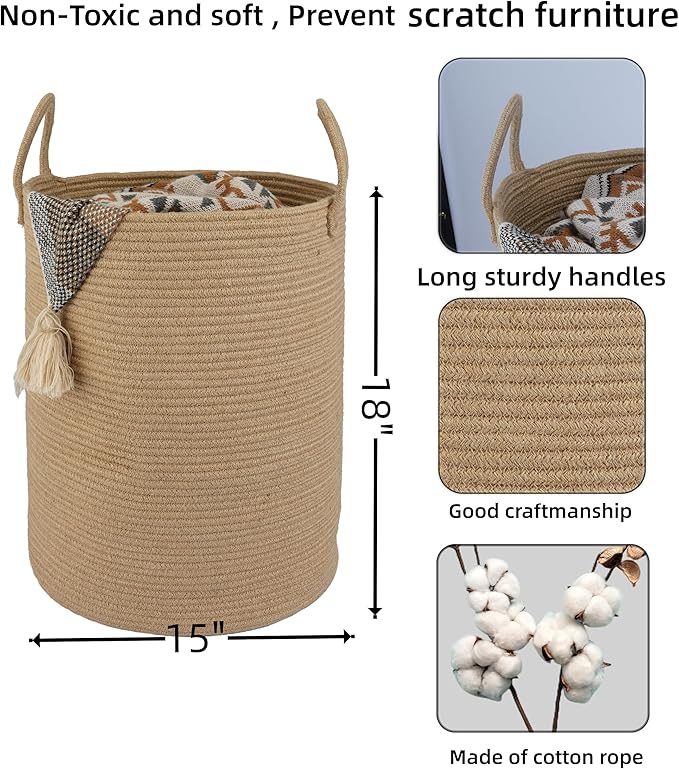 XUANGUO Cotton Rope Laundry Basket Hamper for Clothes Woven Storage Basket for Living Room Bedroom Boho Tall Rope Baskets for Blanket Toys Pillow Towels Baby Nursery Hamper Bin Large jute