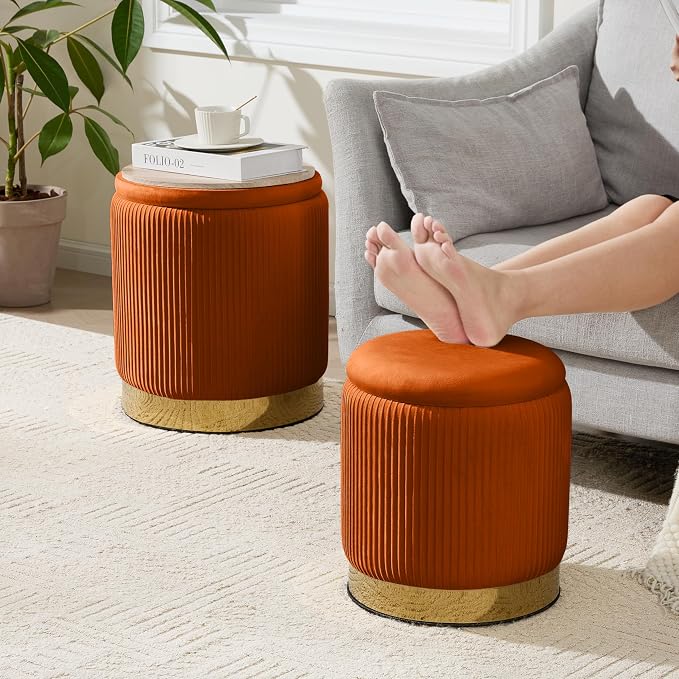 Royal Windsor Round Ottoman with Storage Set of 2, Vanity Stool with Storage for Bedroom, Ottoman Coffee Table Gold-Tone Ring Around the Base, Small Velvet Foot Stool for Living Room, Orange