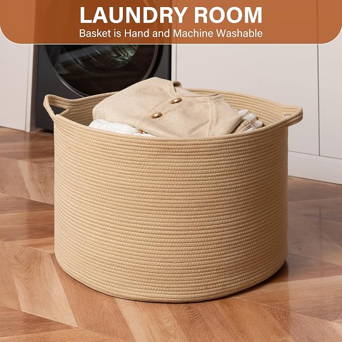 Foldable Laundry Hamper Basket with Collapsible Handle Cotton Rope Soft Woven Fabric Storage Organizer Clothes Toys Nursery Bedroom Dorm Space Saving Bin (Camel, 80L(21.7"D x 13.8"H))
