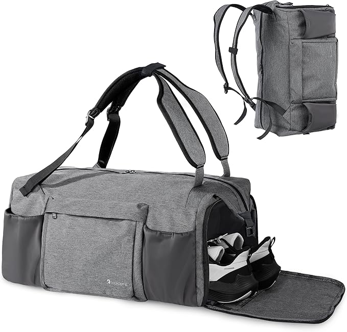 Gym Bag for Men with Shoes Compartment and Wet Pocket Convertible Duffle Bag and Gym Backpack Waterproof Sports Bags for Men with 2 Bottle Holders Multipurpose Weekender Overnight Bag - Grey